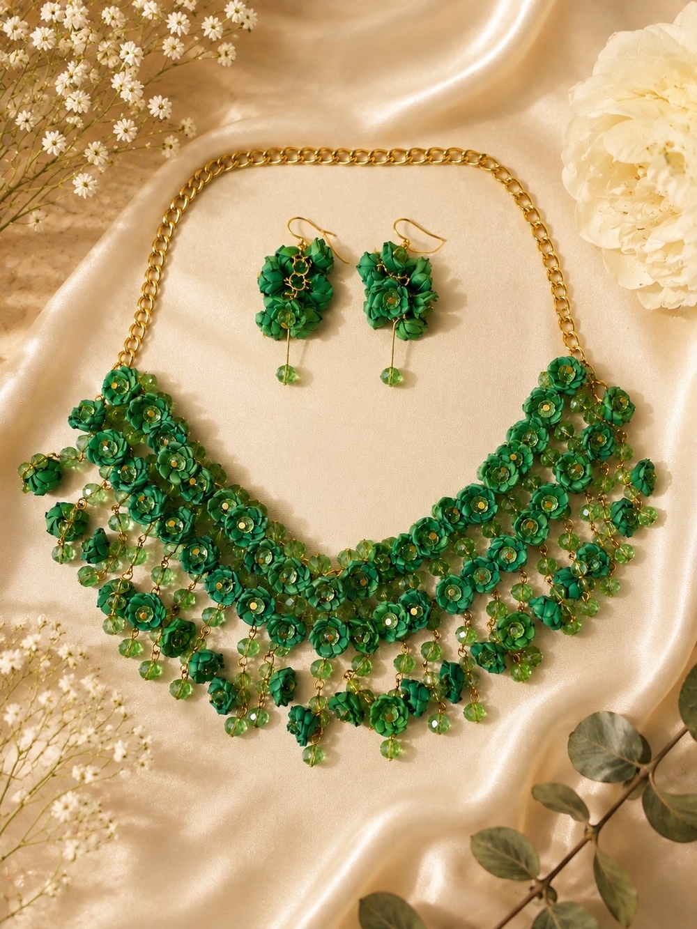 Green Floral Statement Necklace and Earrings Set